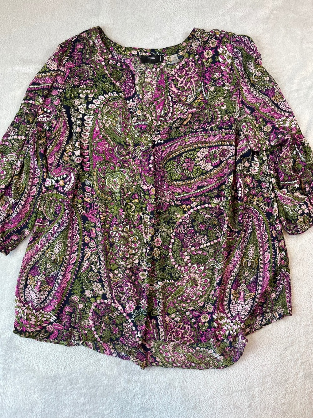 T Tahari 1X Pullover Blouse Lightweight Paisley 3/4 Sleeve Tunic V-Neck Boho